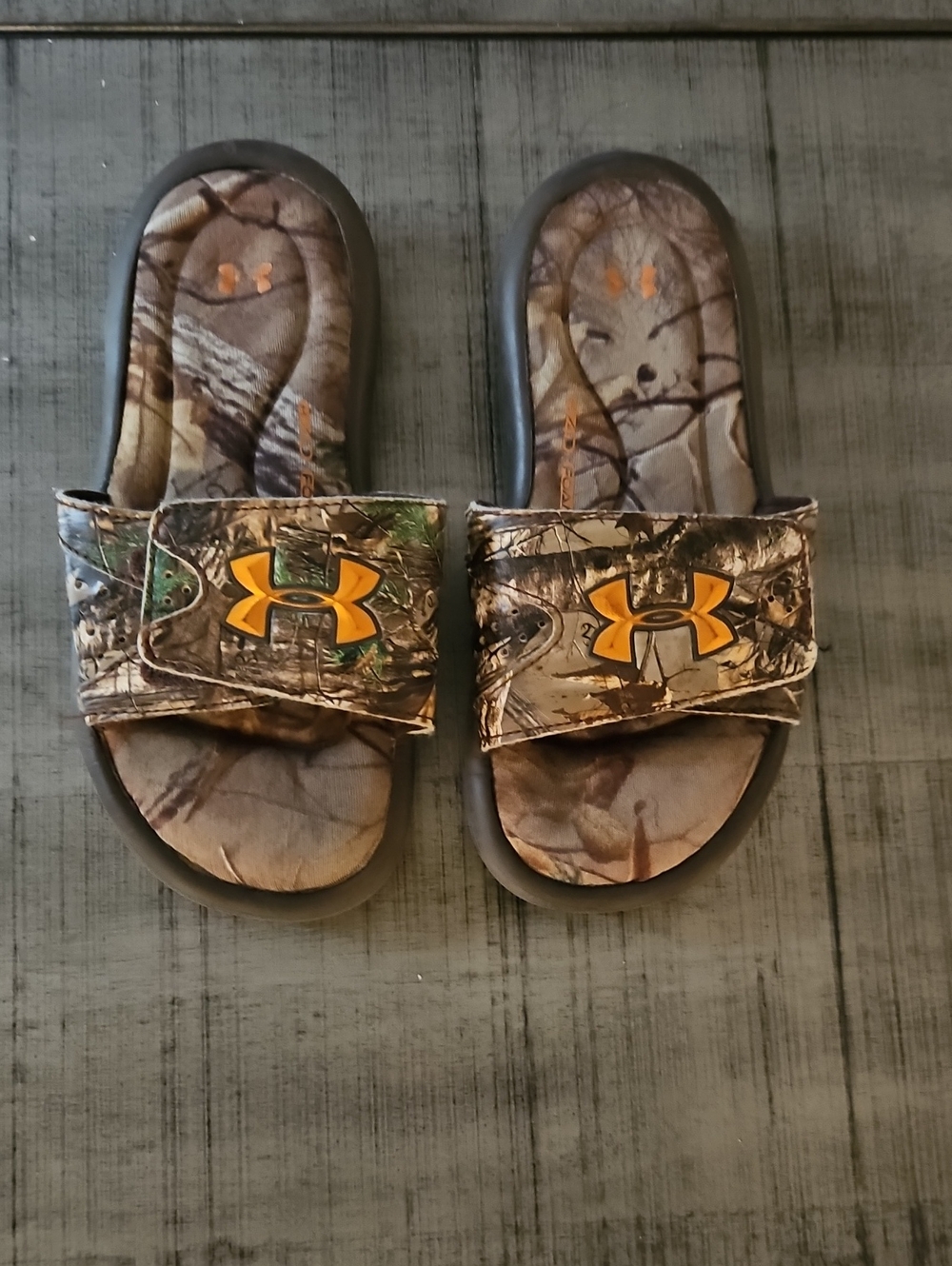 Under Armour Kids Camo Slide Sandals with Orange Logo
